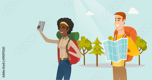 Couple of young multiethnic travelers making selfie. Smiling caucasian white man and african-american woman with backpacks and map travelling together. Vector cartoon illustration. Horizontal layout.