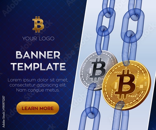 Crypto currency editable banner template. Bitcoin. 3D isometric Physical bit coin. Golden and silver bitcoin coins with wireframe chain. Block chain concept. Stock vector illustration.