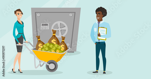 Young caucasian white business woman pushing wheelbarrow full of money and african-american businessman holding clipboard with documents on the background of bank safe. Vector cartoon illustration.