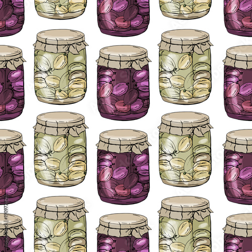 Seamless pattern with jam. Glass jars with different sorts of marmalade on endless texture