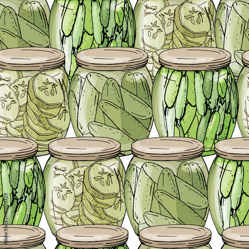 Seamless pattern with different glass jars with vegetables. Endless texture on white background