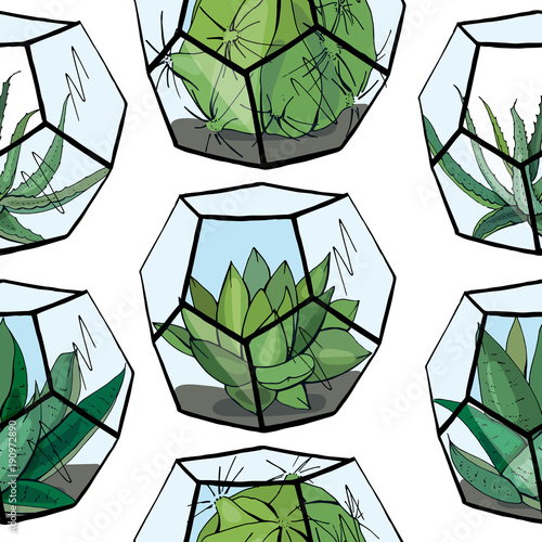 Seamless pattern with florarium with different succulent. Endless texture with home indoor plants
