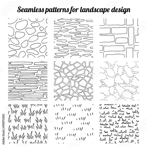 Big collection of seamless patterns for landscape design. Endless texture, contour, black and white.