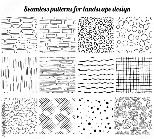 Big collection of seamless patterns for landscape design. Endless texture, contour, black and white.