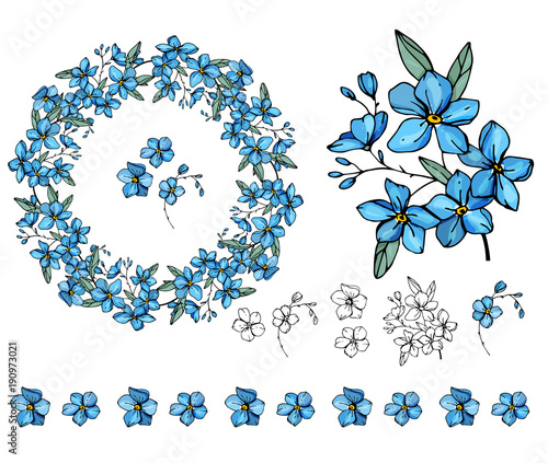 Set with blue forget me nots on white.