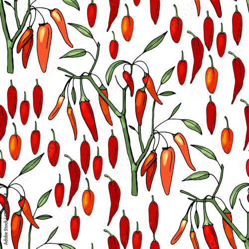 Seamless pattern with different sorts of pepper on white.
