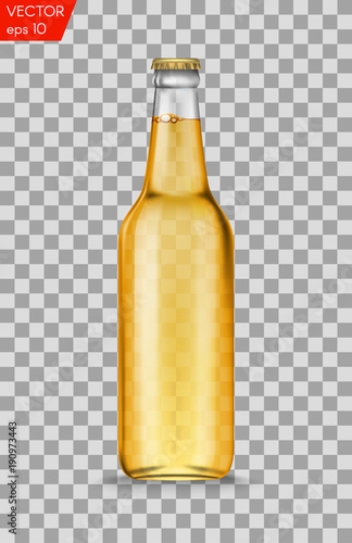 Realistic white glass beer bottles with drink isolated on a transparent background. Vector illustration. Template blank for product packing advertisement.