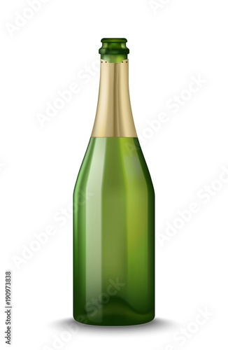 Vector Realistic green with gold open Champagne bottle isolated on white background. Mockup template blank for product packing advertisement.
