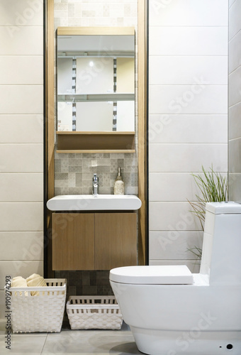 Modern spacious bathroom with bright tiles with toilet and sink. Side view