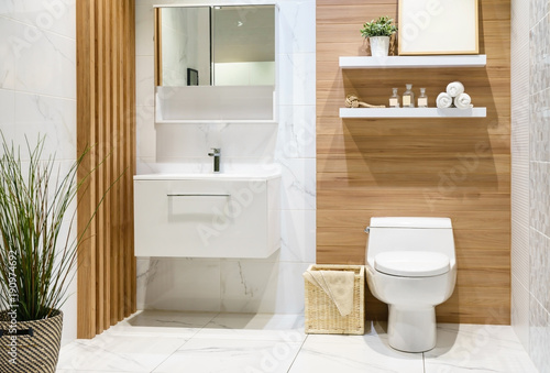 Modern spacious bathroom with bright tiles with toilet and sink. Side view photo