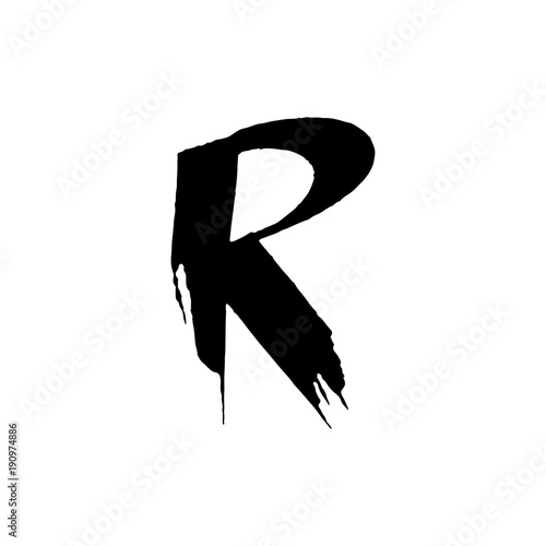 Letter R. Handwritten by dry brush. Rough strokes font. Vector illustration. Grunge style elegant alphabet.