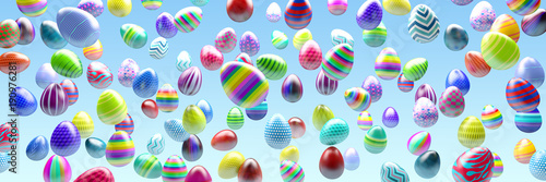 Many colored eggs flying in air 3d illustration