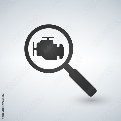 Magnifying glass with check engine icon. Vector engine diagnostics concept sign.