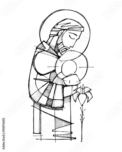 Saint Joseph and baby Jesus ink illustration