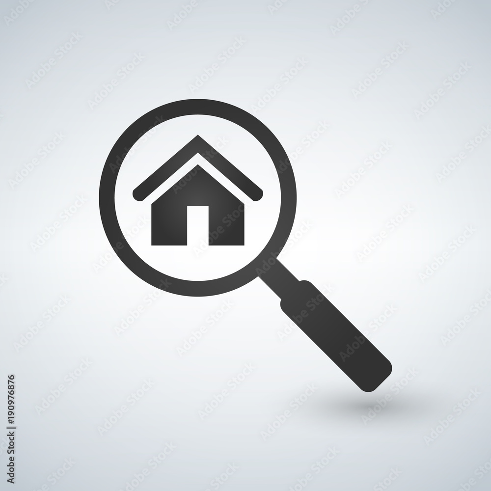 Real estate symbol of a house under magnifying glass. Suitable for posters, flyers or advertisement of real estate agents and location. Real estate symbol of a house under magnifying glass. Suitable for posters, flyers or advertisement of real estate agents and location.
