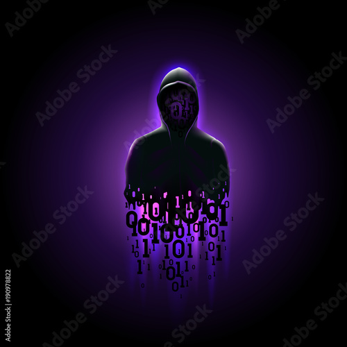 Silhouette of a hacker in a hood with binary code on a luminous purple backgroun Fototapeta