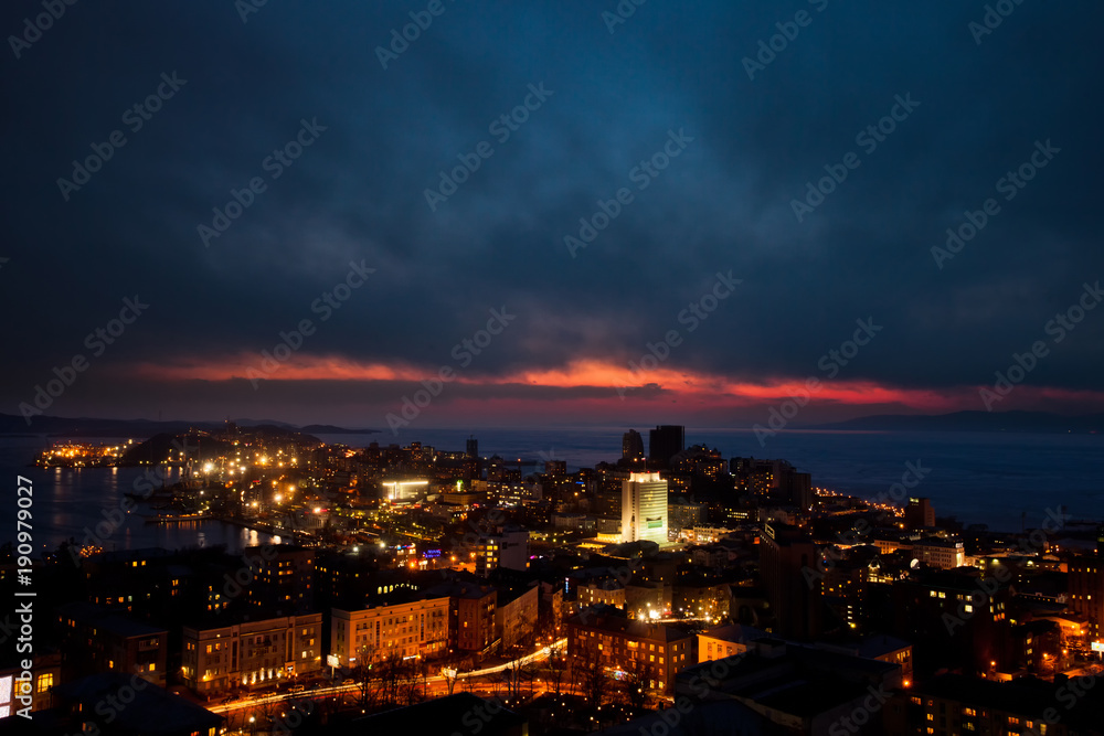 View of the evening Vladivostok from the site. Historical city center of Vladivostok