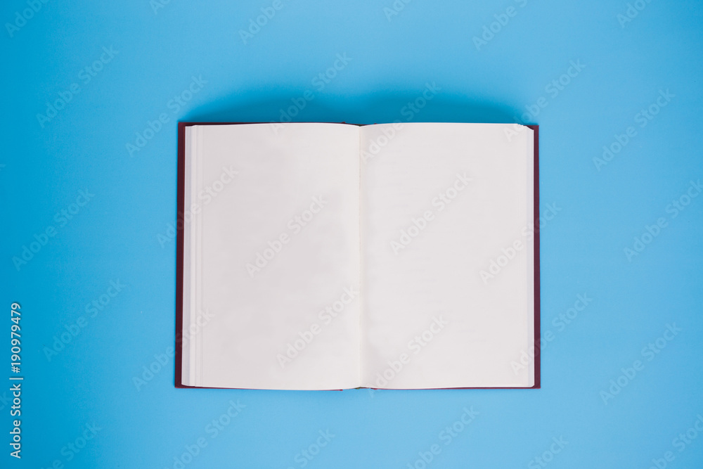 Open book with blank paper pages over bright blue background - with copy space. Open book with blank paper pages over bright blue background - with copy space.