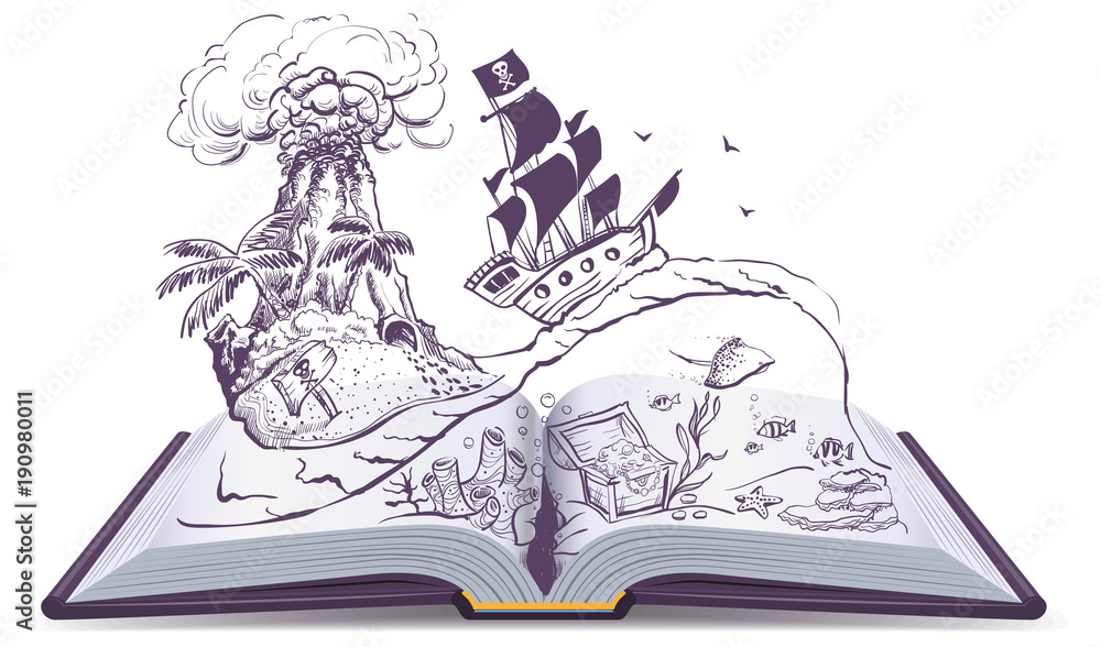 Obraz premium Open book about pirates and treasure. Ship sailboat pirate swims on waves. Treasure island