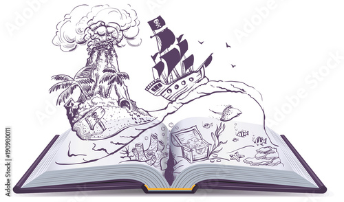 Open book about pirates and treasure. Ship sailboat pirate swims on waves. Treasure island
