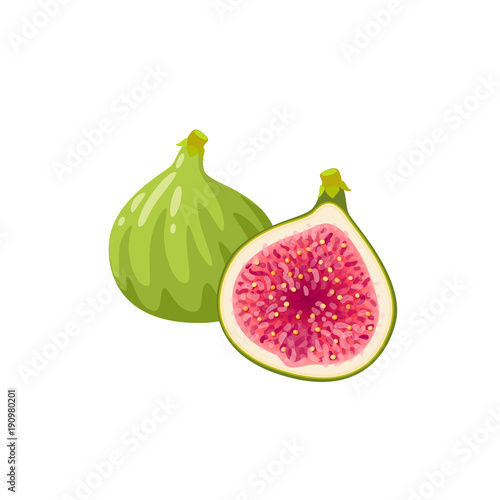 Summer tropical fruits for healthy lifestyle. Fig, green whole fruit and half. Vector illustration cartoon flat icon isolated on white.