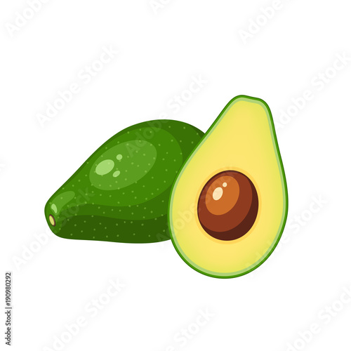 Summer tropical fruits for healthy lifestyle. Avocado, whole fruit and half. Vector illustration cartoon flat icon isolated on white.