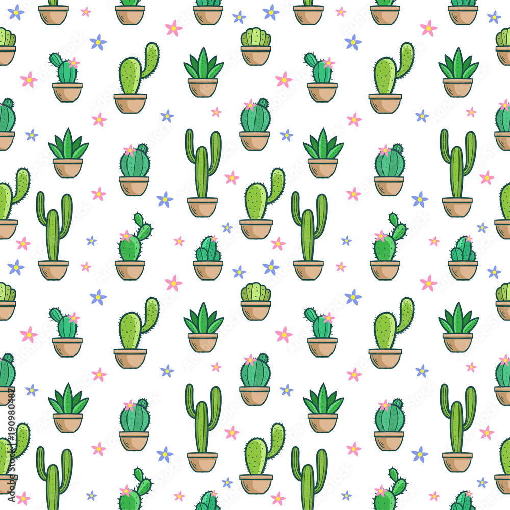 Fototapeta premium cactus doodle seamless pattern vector illustration set