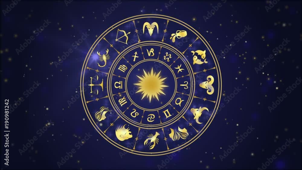 Horoscope wheel, zodiac circle on the dark blue background with glowing particles Horoscope wheel, zodiac circle on the dark blue background with glowing particles