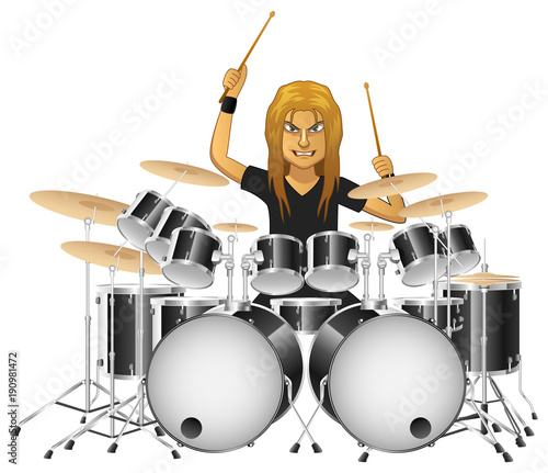 Rock musician drummer famously plays the drums, isolated background. Vector illustration
