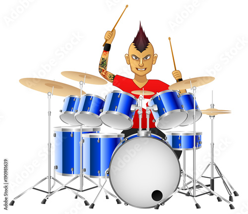 Rock musician drummer famously plays the drums, isolated background. Vector illustration