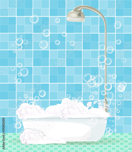 Cute cartoon template with bathroom interior on blue tiles
