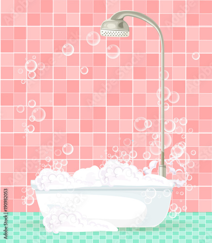 bathroom interior with bathtub full of foam on pink tiled background