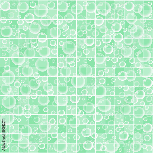 Cute wallpaper with bubbles on green tiled bathroom background.
