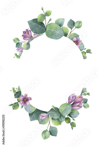 Watercolor vector wreath with green eucalyptus leaves, purple flowers and bra...