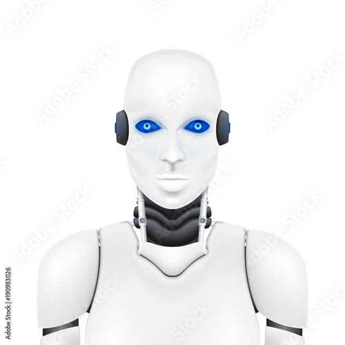 Robot cybernetic organism isolated on white background. Concept of mechanical humanoid with artificial intelligence. Vector illustration.