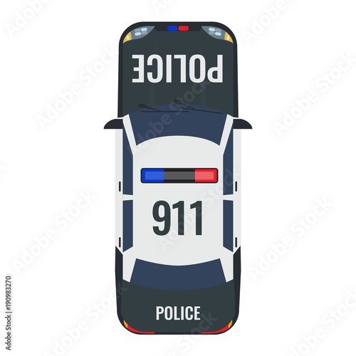 Police car with top view. Solid and flat color style design.