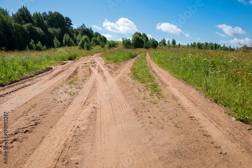 Nice summer scene with track road turn near green Falevsky mounds