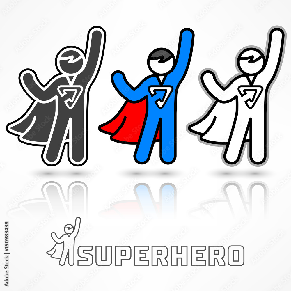 Superhero icon set, flying men in a costumes on white. Vector