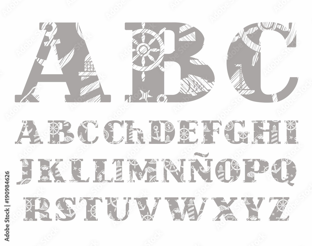 Marine font, grey, Spanish alphabet, vector. Uppercase letters of the Spanish alphabet. Nautical theme. The attributes of sea travel. Hatching a white pencil on the grey background. Imitation.  