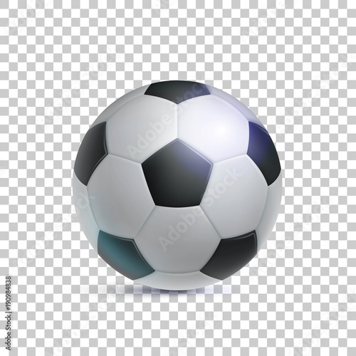 Classic soccer ball, realistic, isolated on transparent background. Image of sports equipment for football players, fans and amateurs. Vector illustration of modern detailed clipart © Sunflower