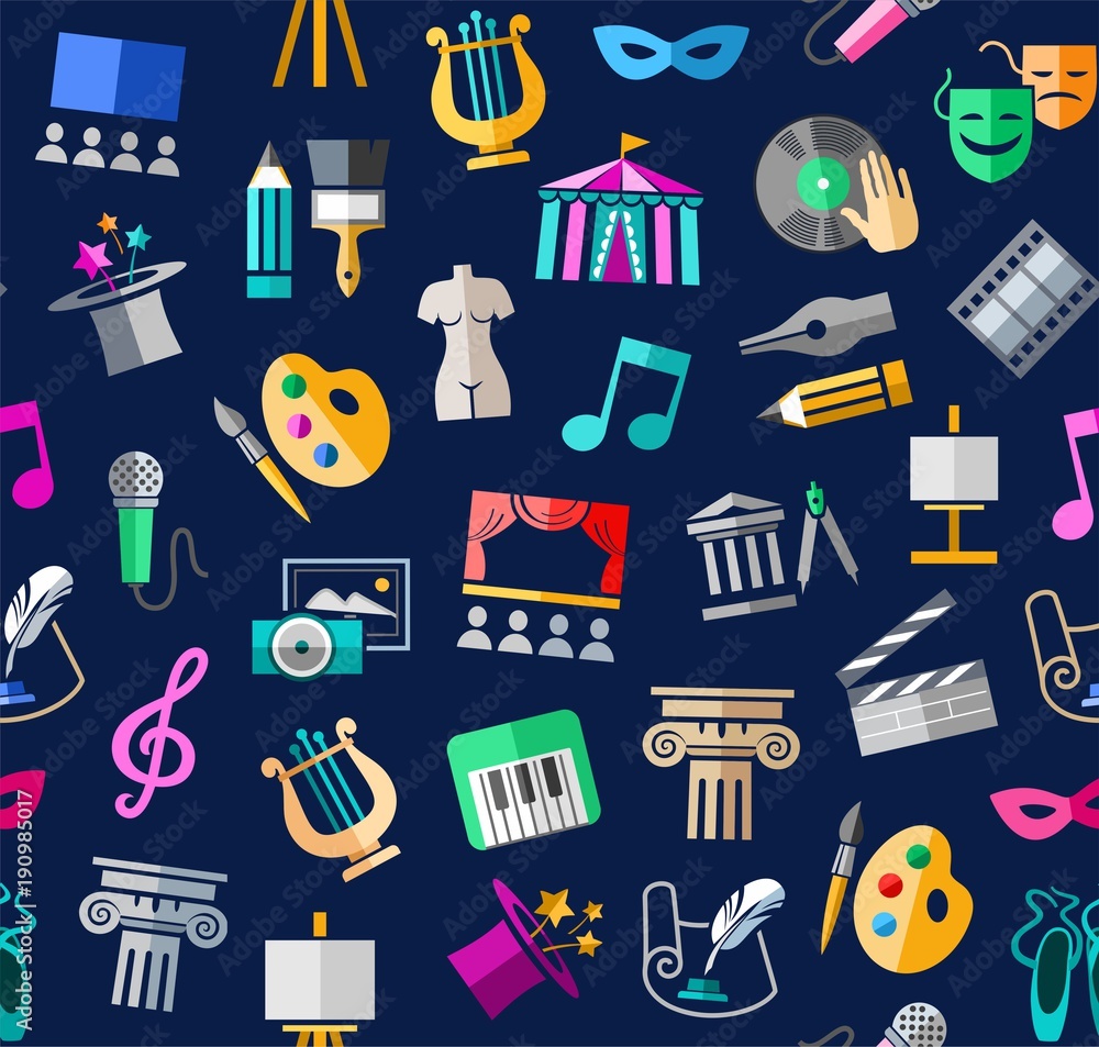 Culture and art, seamless background, color, blue, vector. Leisure and  cultural centres. Cultural events and the attributes of art. Colored icons  on a dark blue field. Vector picture. Stock Vector | Adobe