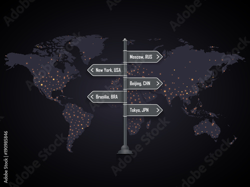 Road city signpost on the world map with city lights