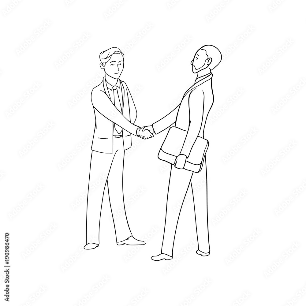 Vector sketch black contour isolated illustration of business people. Businessmen shaking hand. Handshake on successful transaction. The conclusion of profitable contracts. Vector sketch black contour isolated illustration of business people. Businessmen shaking hand. Handshake on successful transaction. The conclusion of profitable contracts.
