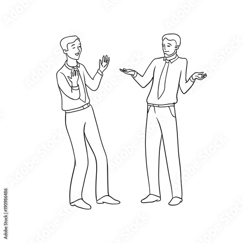 Vector sketch black contour isolated illustration of business people. Emotional exchange of opinions and ideas, the discussion of the project. Disagreement with opinion of the interlocutor.