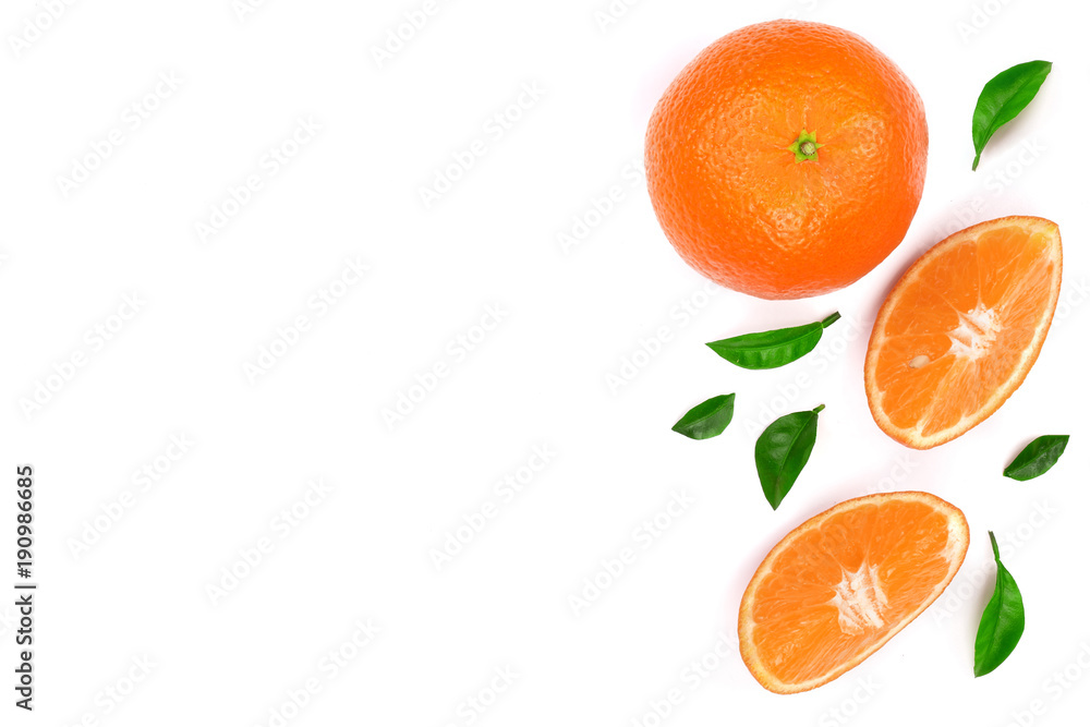 orange or tangerine with leaves isolated on white background with copy space for your text. Flat lay, top view orange or tangerine with leaves isolated on white background with copy space for your text. Flat lay, top view