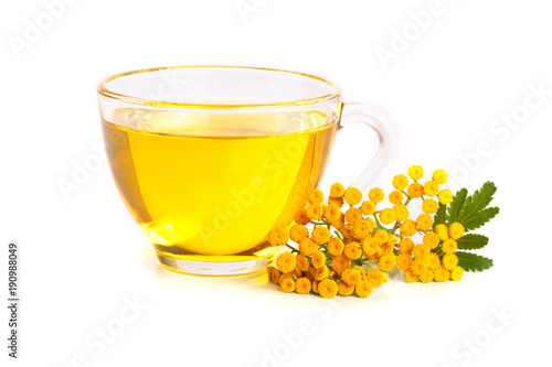 tansy tea with flowers isolated on white background
