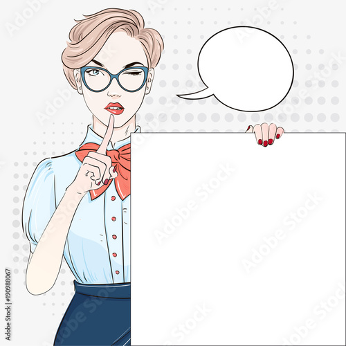 Pop Art Vintage advertising poster comic girl keep a silence and hold white banner. Comic woman with speech bubble. Vector illustration.