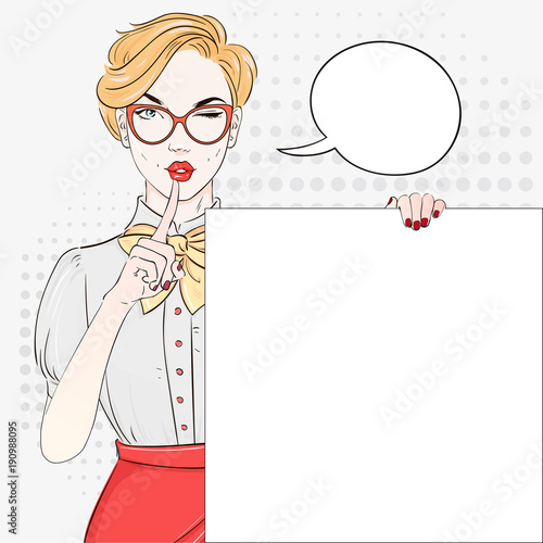 Pop Art Vintage advertising poster comic girl keep a silence and hold white banner. Comic woman with speech bubble. Vector illustration.