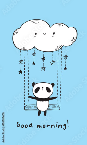 Fototapeta Naklejka Na Ścianę i Meble -  Good morning. Cute panda on the swing and funny cloud. Hand drawn illustration for your design. Blue background. Vector.