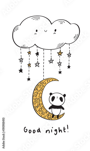 Fototapeta Naklejka Na Ścianę i Meble -  Good night. Cute panda on the golden moon and funny cloud. Hand drawn illustration for your design. Vector.